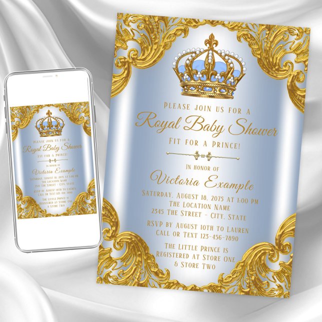 Bebê Azul Dourado Príncipe Bebê Convites para Chuv (Baby blue gold prince baby shower invitation. Instant download and printed invitations available.)