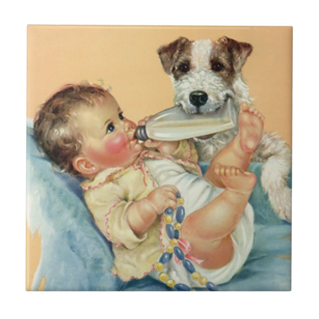 Bebê Bonito Antigo com Mamadeira e Cachorro (Frente)