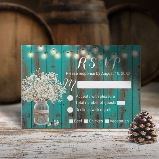 Bebê Breath Mason Jar Rustic Teal Barn Wood RSVP (Criador carregado)