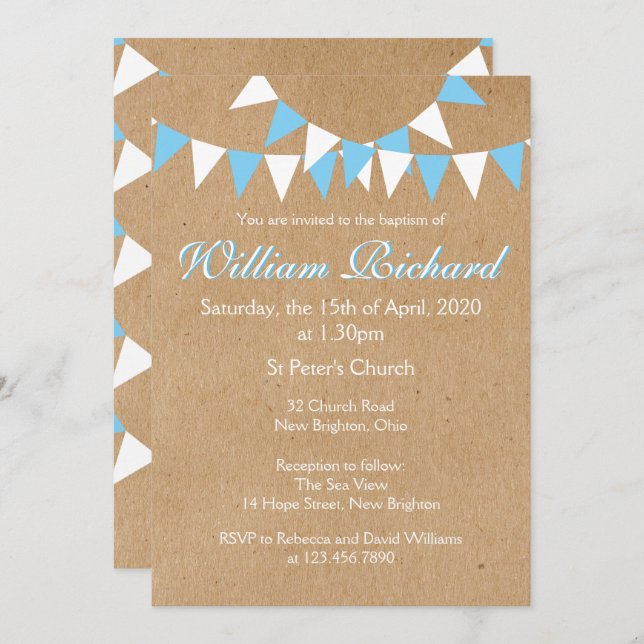Bebê Bunting Blue Baptism Convite Christening (Frente/Verso)