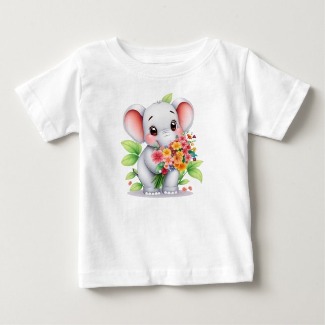 Bebê Camiseta Adorável de Elefante com Buquê para Bebês (Frente)