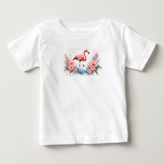 Bebê Camiseta com flamingo rosa e flores para menina. (Frente)