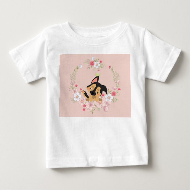 Bebê Camiseta para Menina com Cão, Pássaro e Flores (Frente)