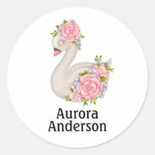 Bebê Cisne Fofo com Rosas Adesivo Redondo Clássico