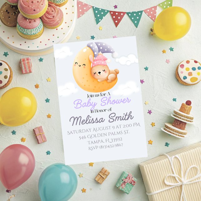 Bebê Coelho e Convite para Chá de fraldas da Lua (Customize this adorable baby shower invitation with your own words and special day. )