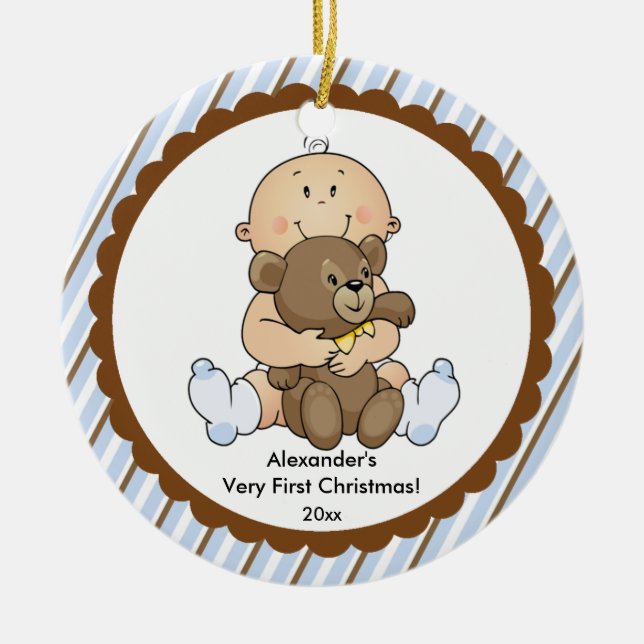 Bebê com Urso Enfeite de Natal do Primeiro Natal d (Frente)