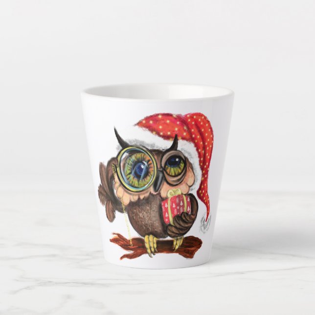 Bebê coruja em chapéu e presente na caneca de Nata (Frente)