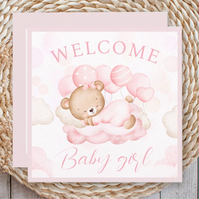 Bebê de Boas-Vindas Nome Cartão de Urso Rosa Perso (Welcome Baby Girl Name Personalized Pink Bear Card)