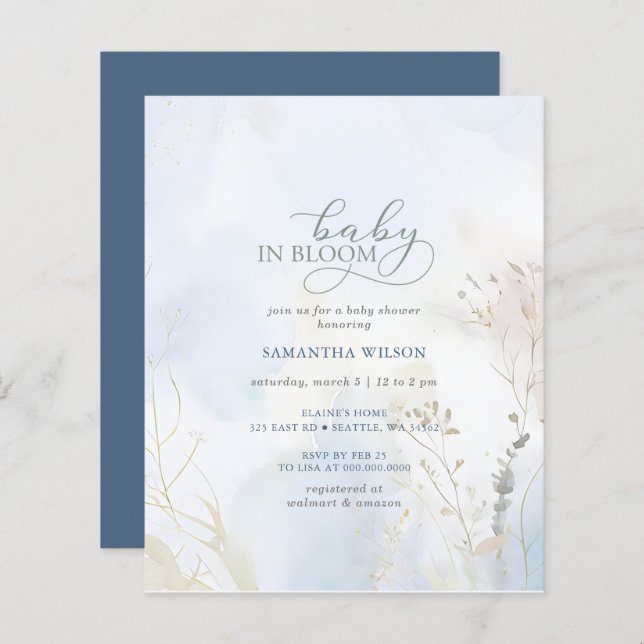 Bebê do orçamento no Chá de fraldas Floral Azul de (Frente/Verso)