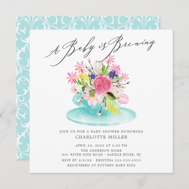 Bebê Doce A Comer Bebê Floral Convite Para Tea (Frente/Verso)