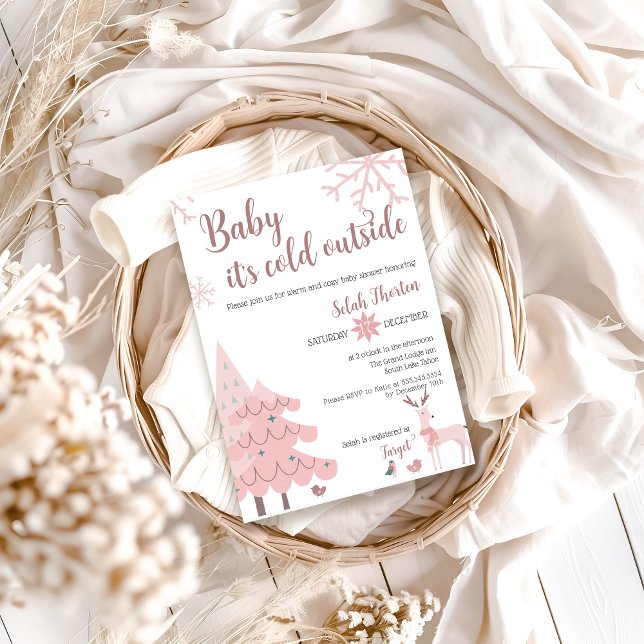 Bebê É Frio Fora do Chá de fraldas Convite Rosa (Baby It's Cold Outside Baby Shower Invitation )