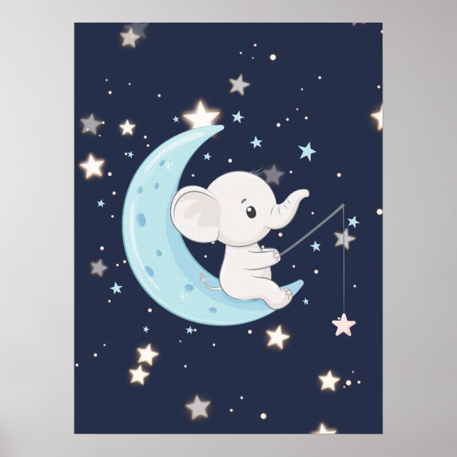 Bebê Elefante A Pescar Estrelas Poster (Frente)