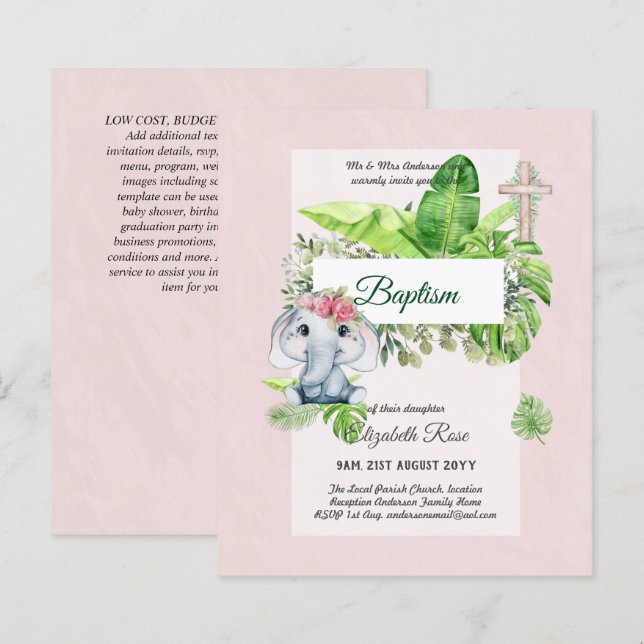 Bebê Elefante BAPTISM Bautizo Bautismo Convite (Frente/Verso)