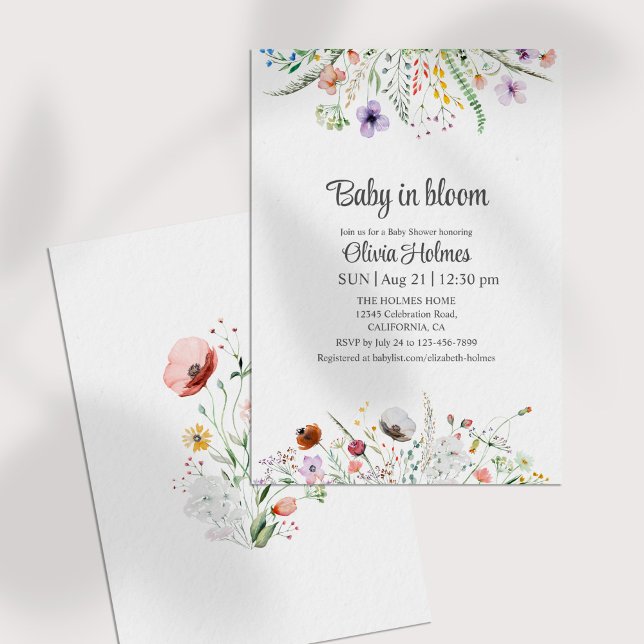 Bebê em Bloom Flores Selvagens Convite para Chá de (Baby in Bloom Wildflowers Baby Shower Invitation on a white table)