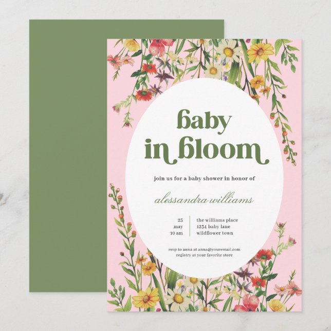 Bebê Floral no Convite para Chá de fraldas Bloom (Frente/Verso)