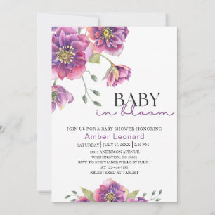 Bebê Floral Roxo no Convite para Chá de fraldas Bl
