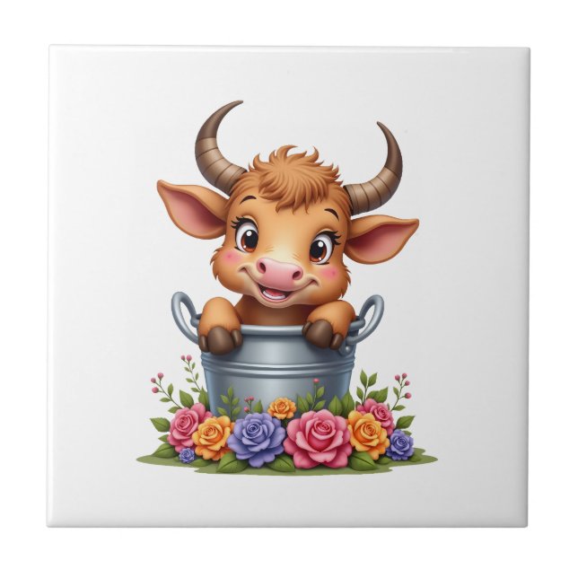 Bebê Fofo Vaca de Highland Com flores Bezerro Anim (Frente)