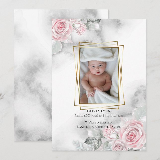Bebê Foto Nascimento Anúncio Rosa Floral (Frente/Verso)