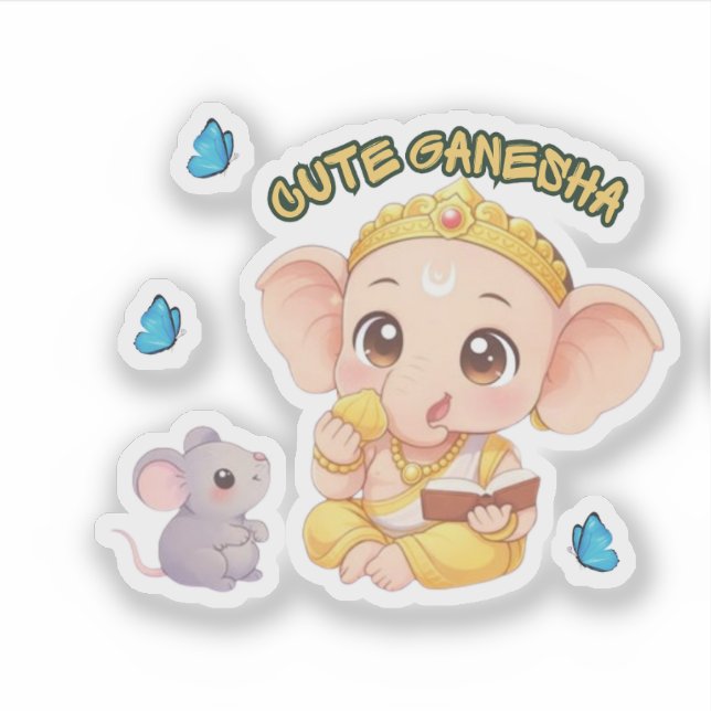 Bebê Ganesha Lendo com Adesivo de Vinil Modak (Frente)