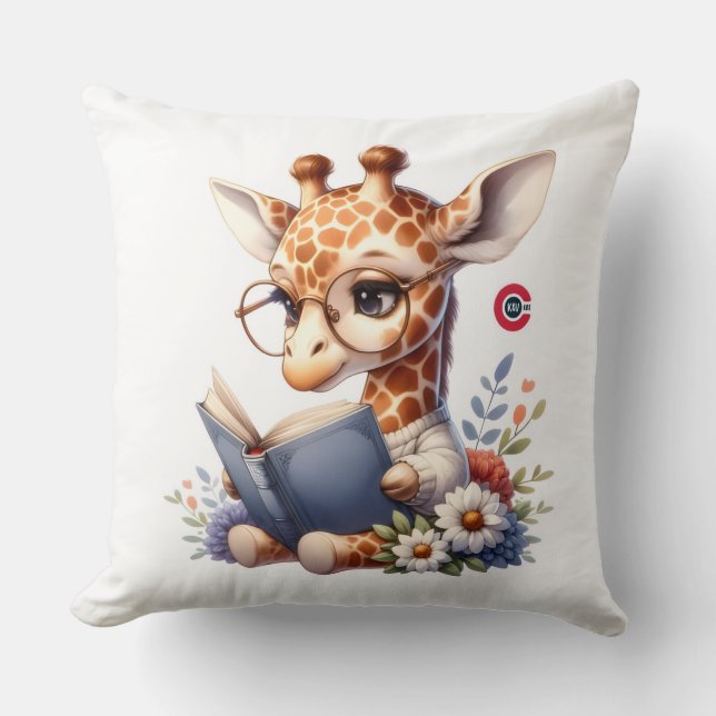 Bebê Girafa Fofo Lendo Livro com Almofada de Arrem (Frente)