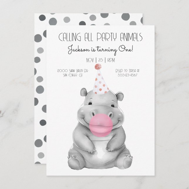 Bebê hippo negro e branco Convite de Aniversário (Frente/Verso)