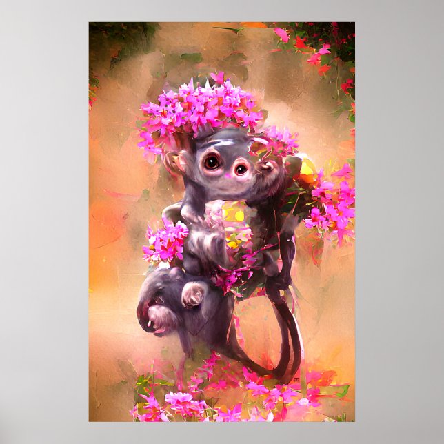 Bebê macaco com Poster de flores (Frente)