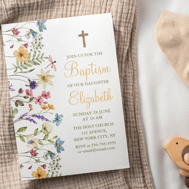 Bebê Menina Flores Selvagens Bonitas Convite Para  (Baby Girl Cute Wild Flowers Baptism Invitation)