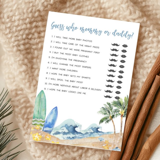 Bebê na praia Conselho adivinha quem Mamãe ou jogo (Surfing Summer Boy Baby Shower Guess who Mommy or Daddy Game)