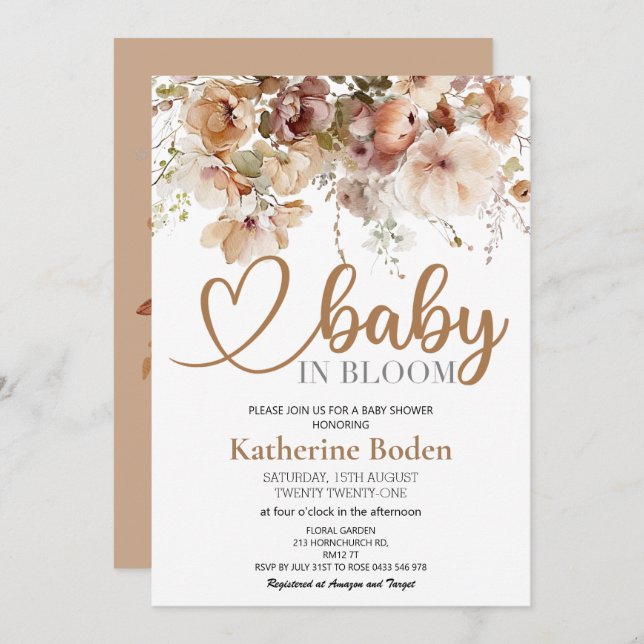 Bebê no Bloom Floral Chá de fraldas Convite (Frente/Verso)