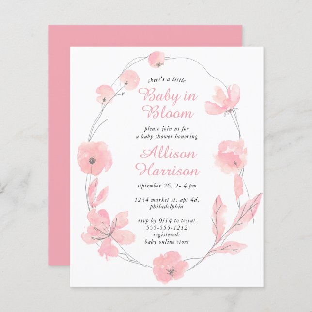 Bebê no Bloom Floral Cor-de-Rosa Chá Convite (Frente/Verso)