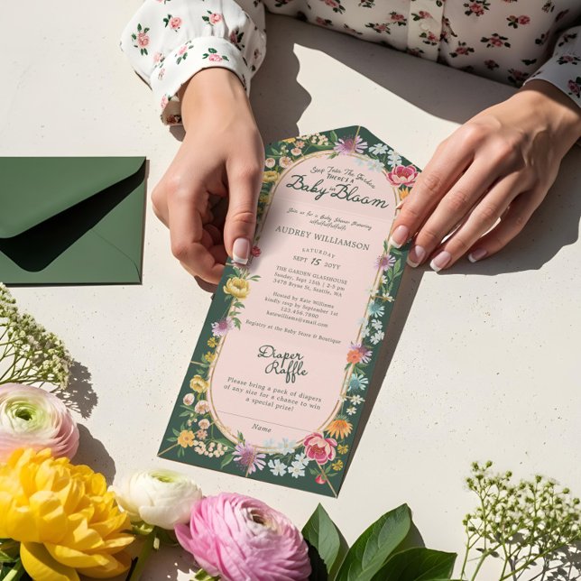 Bebê no Bloom Floral Garden Chá de fraldas (Baby in Bloom Floral Garden Greenhouse Baby Shower All In One Invitation)