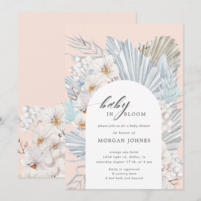 bebê no convite para chá de fraldas floral boêmico (Frente/Verso)