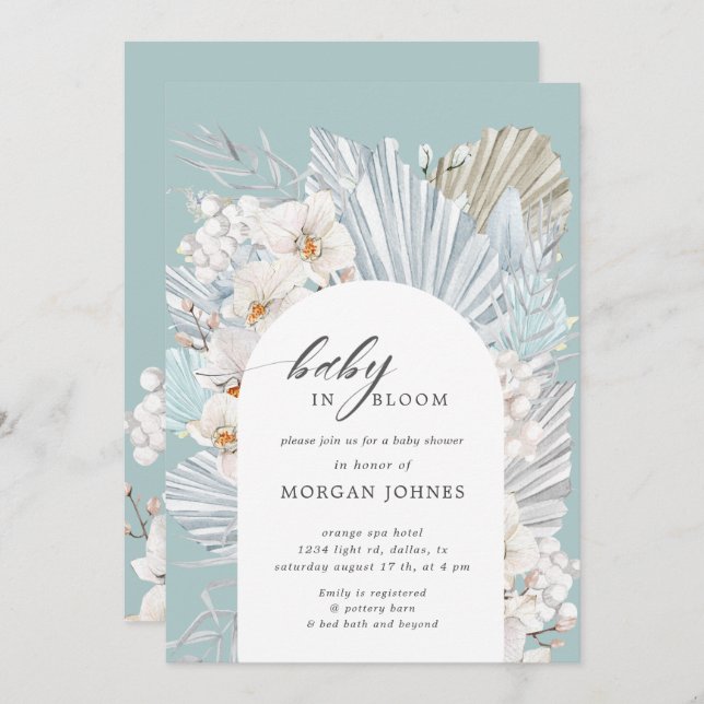 bebê no convite para chá de fraldas floral boêmico (Frente/Verso)