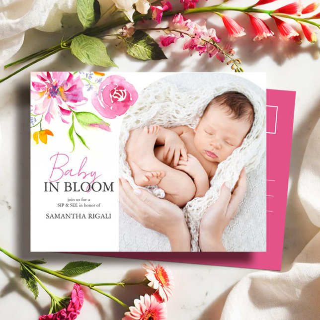 Bebê no Sip de Sangue e Ver Convite (Sip and see baby shower invitations postcard watercolor floral art by Victoria Grigaliunas photo)