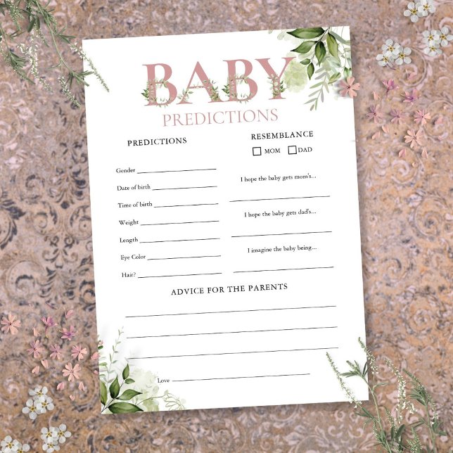 Bebê predições Cartão de Jogo de Chá de fraldas Ve (Baby Predictions Greenery Baby Shower Game Card)