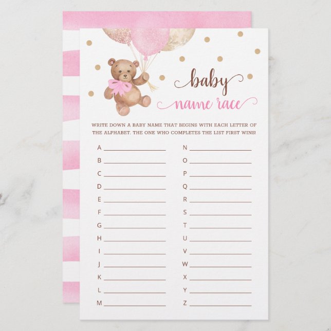 Bebê Race Game Chá de fraldas Teddy Bear (Frente/Verso)