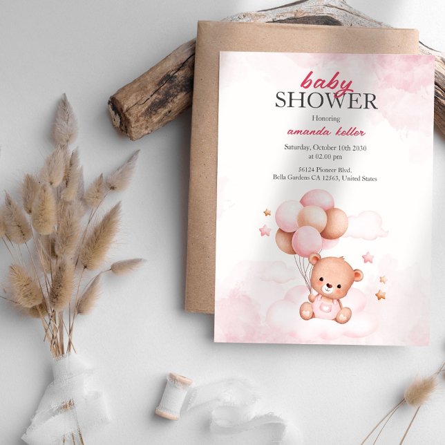 Bebê Rosa Balões de Urso Chá de fraldas Convite (Criador carregado)