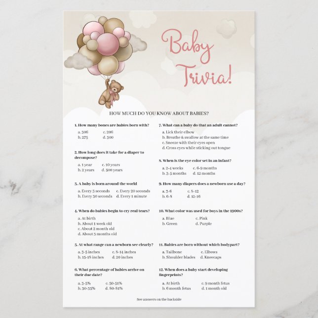 Bebê urso pardo cor-de-rosa Balões Bebê Trivia (Frente)