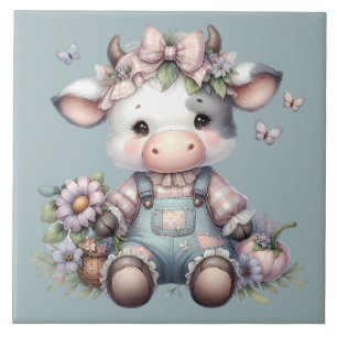 Bebê Vaca Fofo com Macacão e Flores em Tons Pastéi