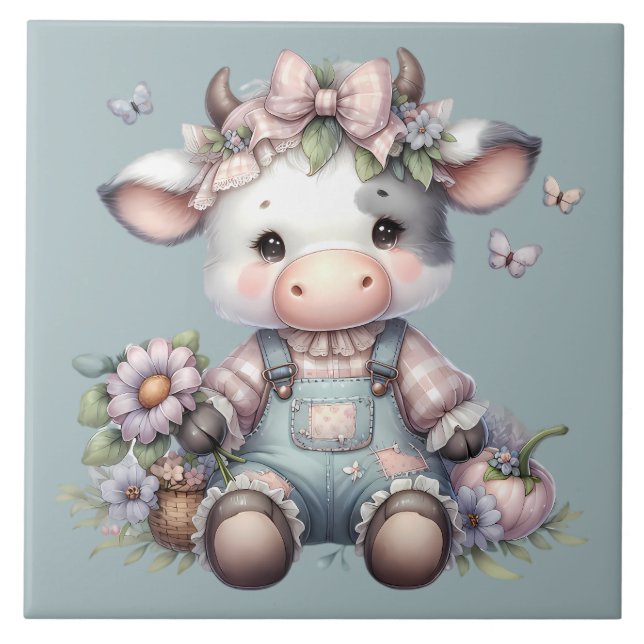 Bebê Vaca Fofo com Macacão e Flores em Tons Pastéi (Frente)