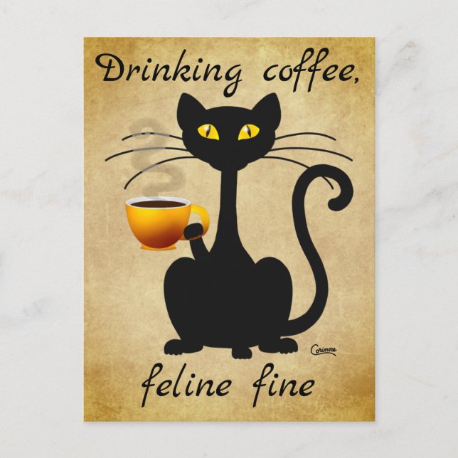 Bebendo Café Feline Fine - Cartões postais (Frente)