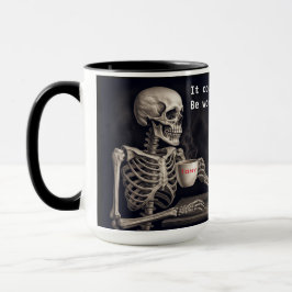 Bebendo de esqueleto com caneca amiga