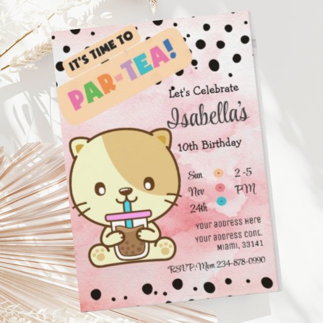 Bebendo de Gato Bonito Boba Tea Birthday Convite p (Criador carregado)