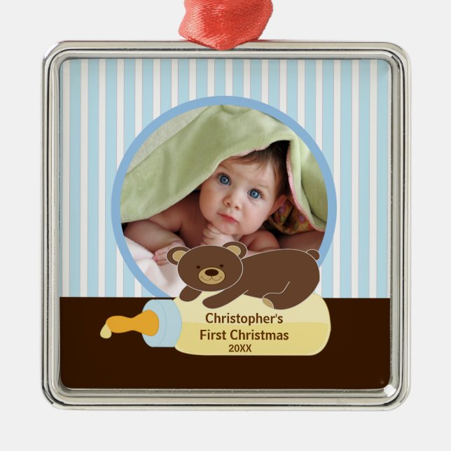 Bebês Primeiro Frasco do Urso de Ornamento de Foto (Frente)