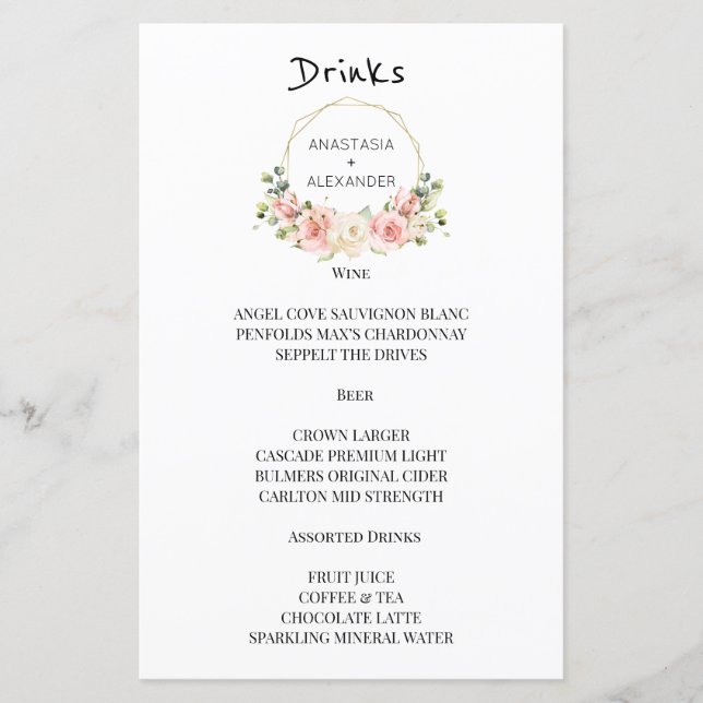 Bebidas Elegantes MENU DE CASAMENTO. (Frente)