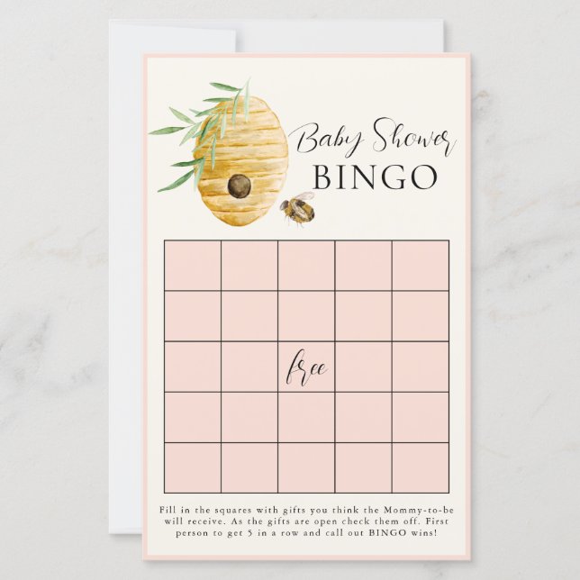 Bee Girl Baby Shower Blush Pink Bingo Game Card (Frente)
