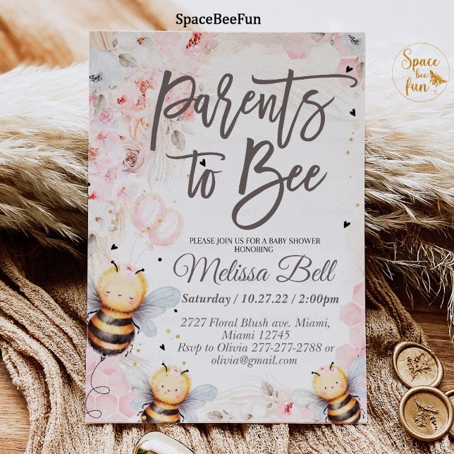 Bee Honey Chá de fraldas de convite para pais (Bee Honey invitation Baby shower Parents to bee Baby shower invitation Boho Pampas Grass Pink Girl )