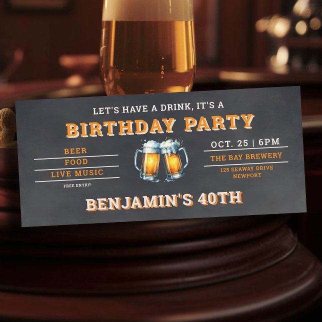 Beer Themed Brewery Men's aniversário de 40 anos B (men's 40th birthday party invitation beer themed brewery backyard oktoberfest black)