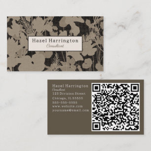 bege preto Cartão de visita QR Floral Elegante