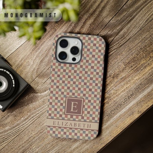 bege verde-vermelho personalizável verificado (Customizable Red Green Brown Beige Checkered iPhone Case)